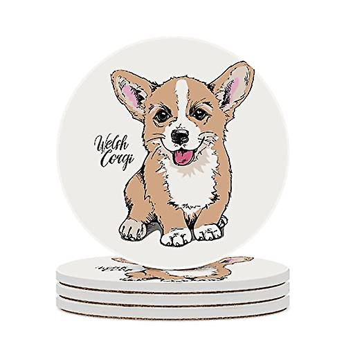 Round Drink Coasters 4 Pcs Cute Welsh Corgi Puppy Absorbent Ceramic Coaster With Cork Base For Coffee Cups Housewarming Gift For Home Decor