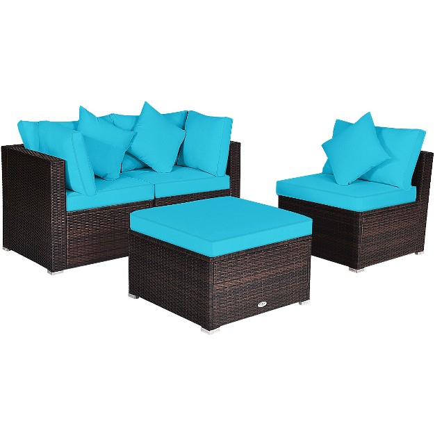 Tangkula 4 piece Outdoor Rattan Sofa Set Sectional Conversation Couch Ottoman Turquoise red