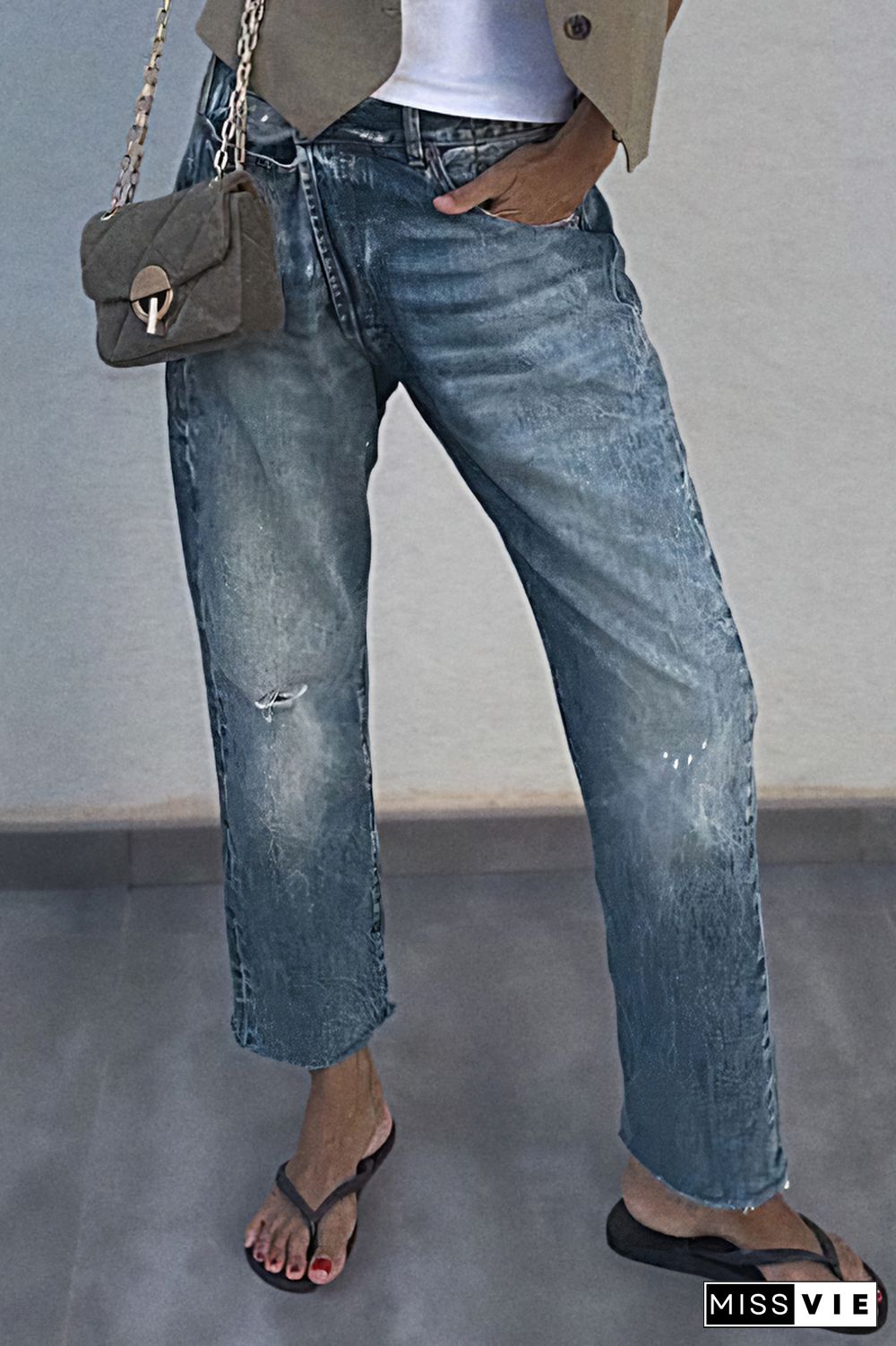 Ripped Raw Hem Low Waist Straight Leg Crop Jeans