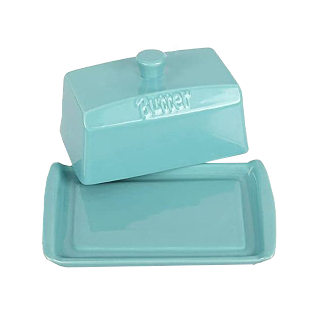 Ceramic Butter Dish with Lid For Countertop， Rectangular Keeper Container-Blue