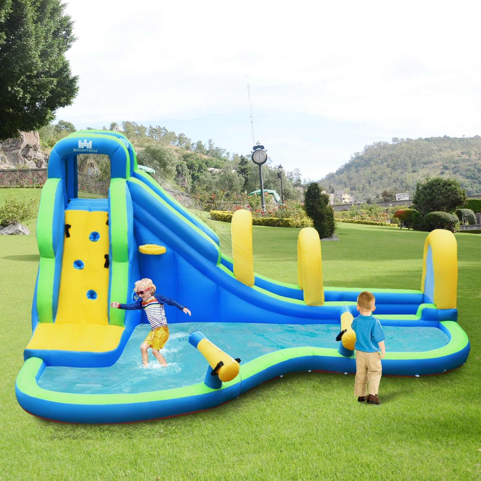 BOUNTECH Long Slide Bouncer Park w/Climbing Wall & Splashing Pool