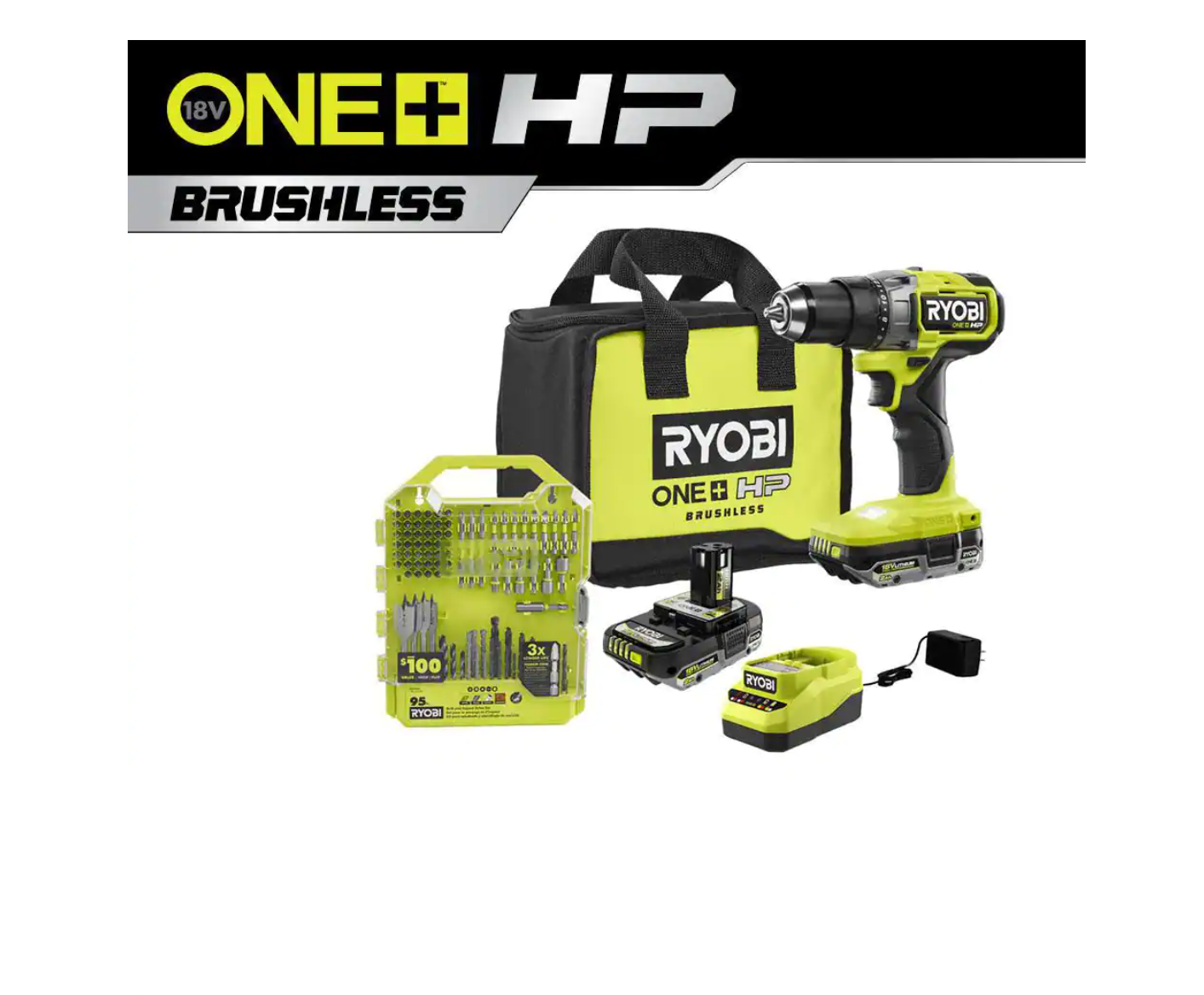 RYOBI PBLDD01K-A989504 ONE+ HP 18V Brushless Cordless 1/2 in. Drill/Driver Kit w/(2) Batteries， Charger， Bag， and Drill and Drive Kit (95-Piece)