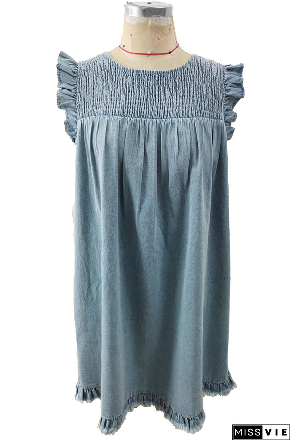 Light Blue Ruffle Smocked Raw Hem Denim Dress