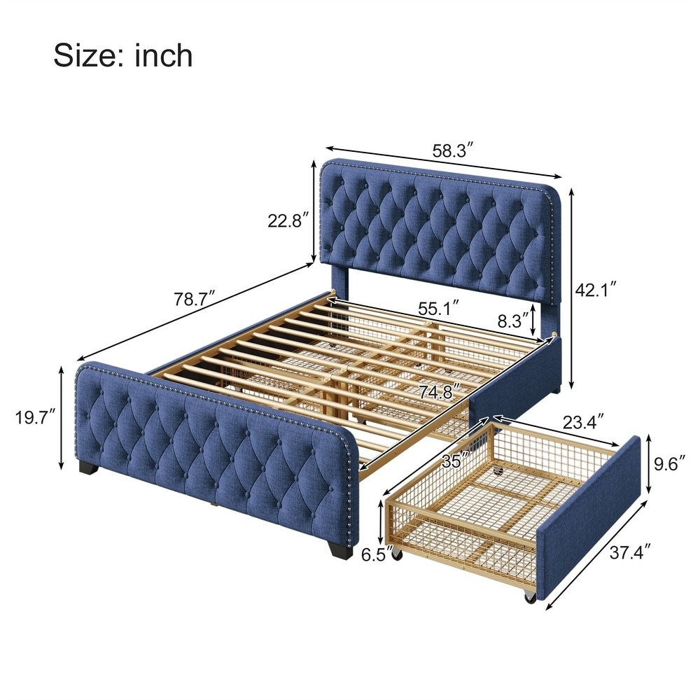 Full Upholstered Platform Bed Frame with Storage Drawers