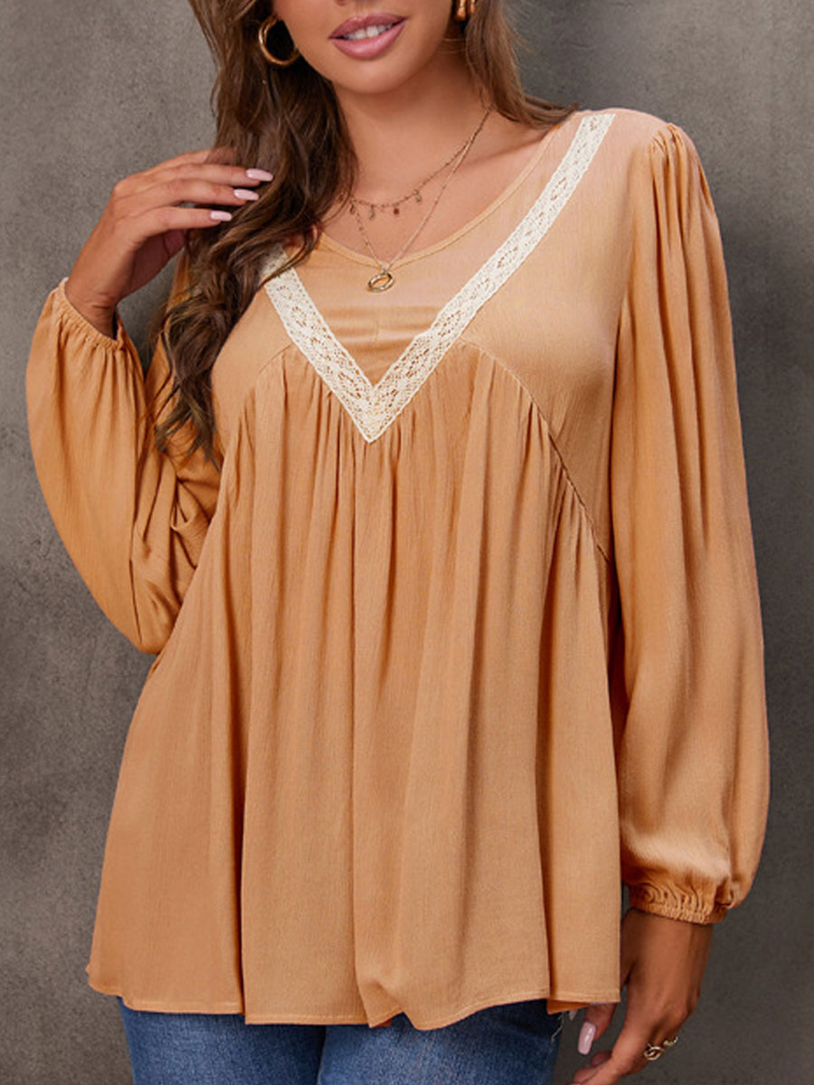 V-neck Casual Loose Lace Panel Long Sleeve Blouse