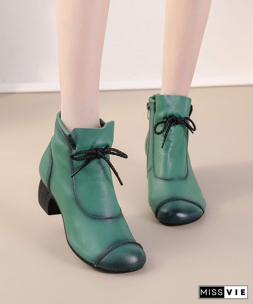 Green Boots Chunky Heel Cowhide Leather Unique Splicing Boots