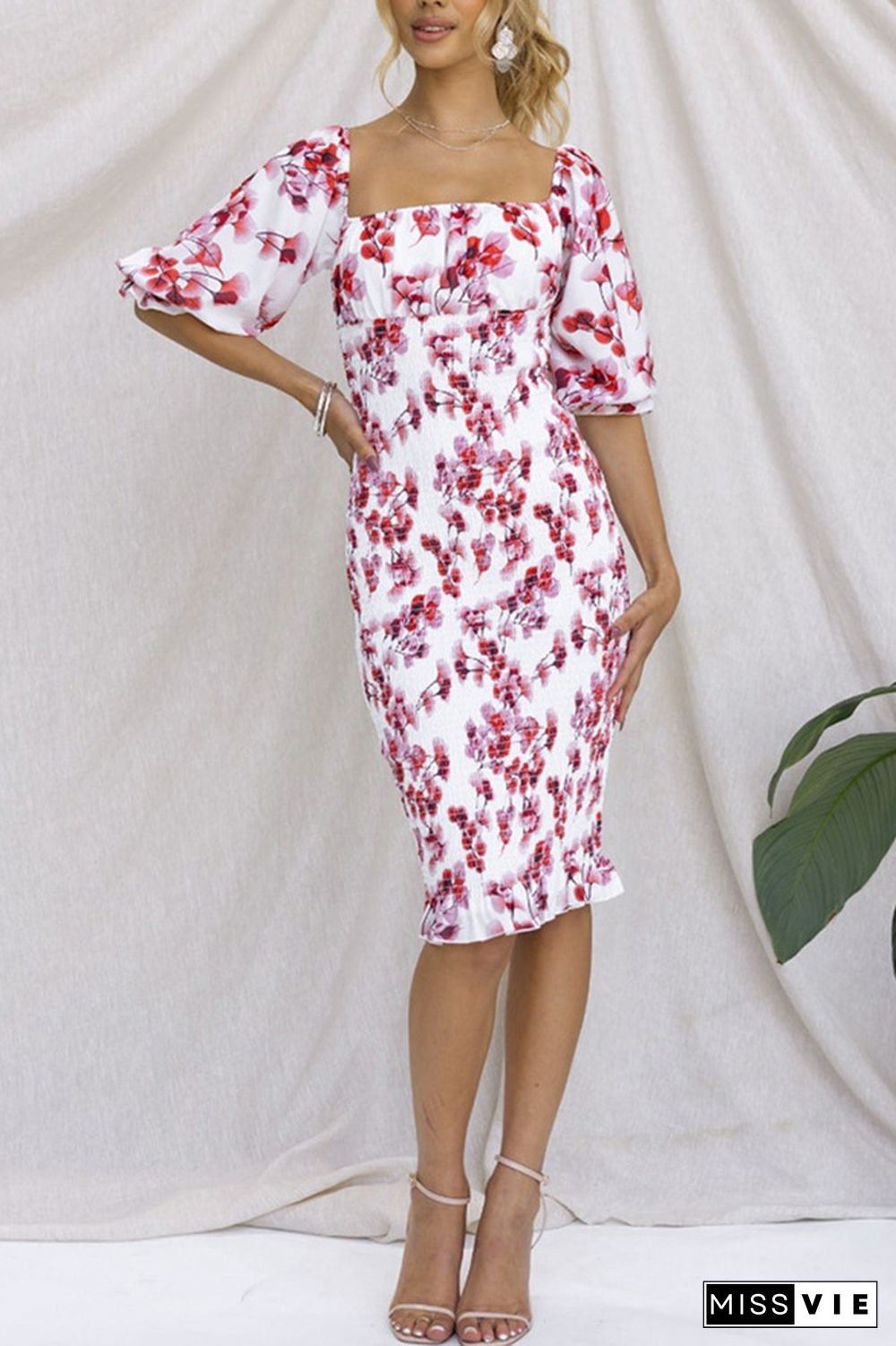 Square Neck Puff Sleeves Floral Slim Dress