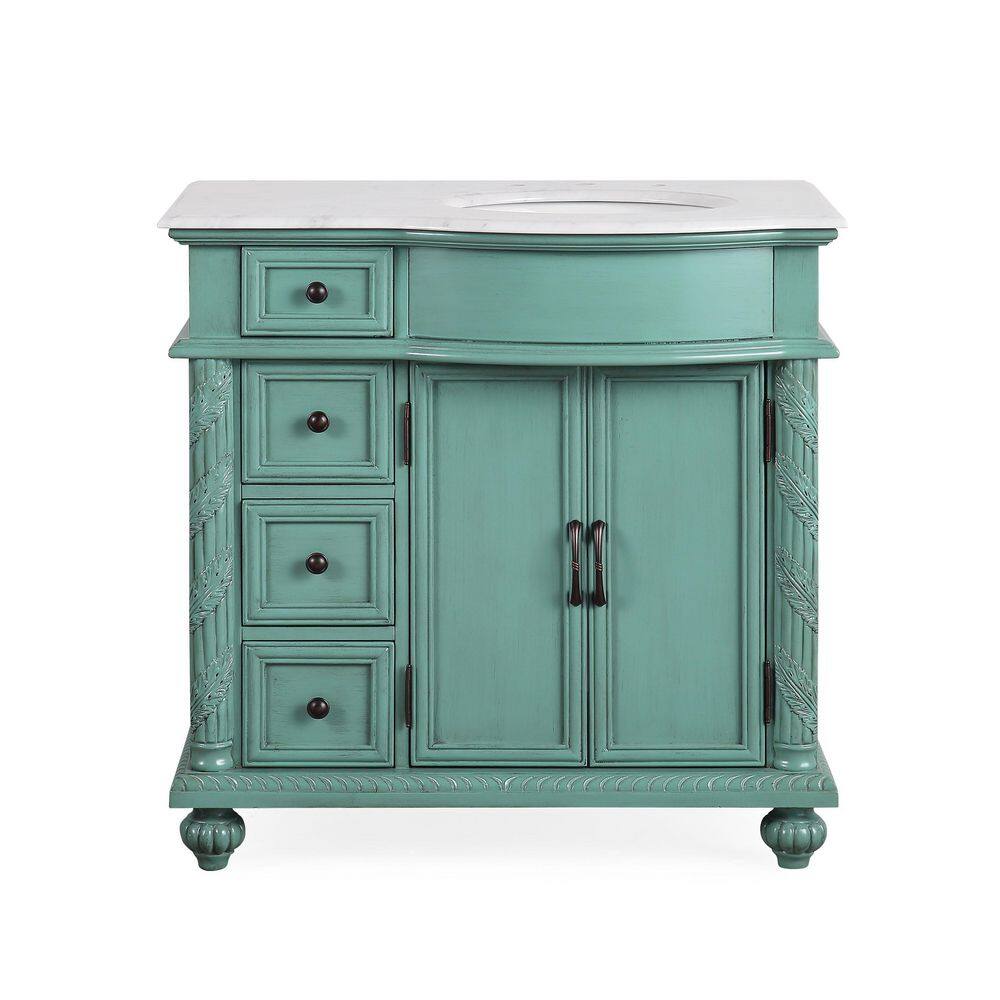 Silkroad Exclusive 36 in. W x 22 in. D x 36 in. H Freestanding Bath Vanity in Vintage Green with Carrara White Marble Top V0213NW36R