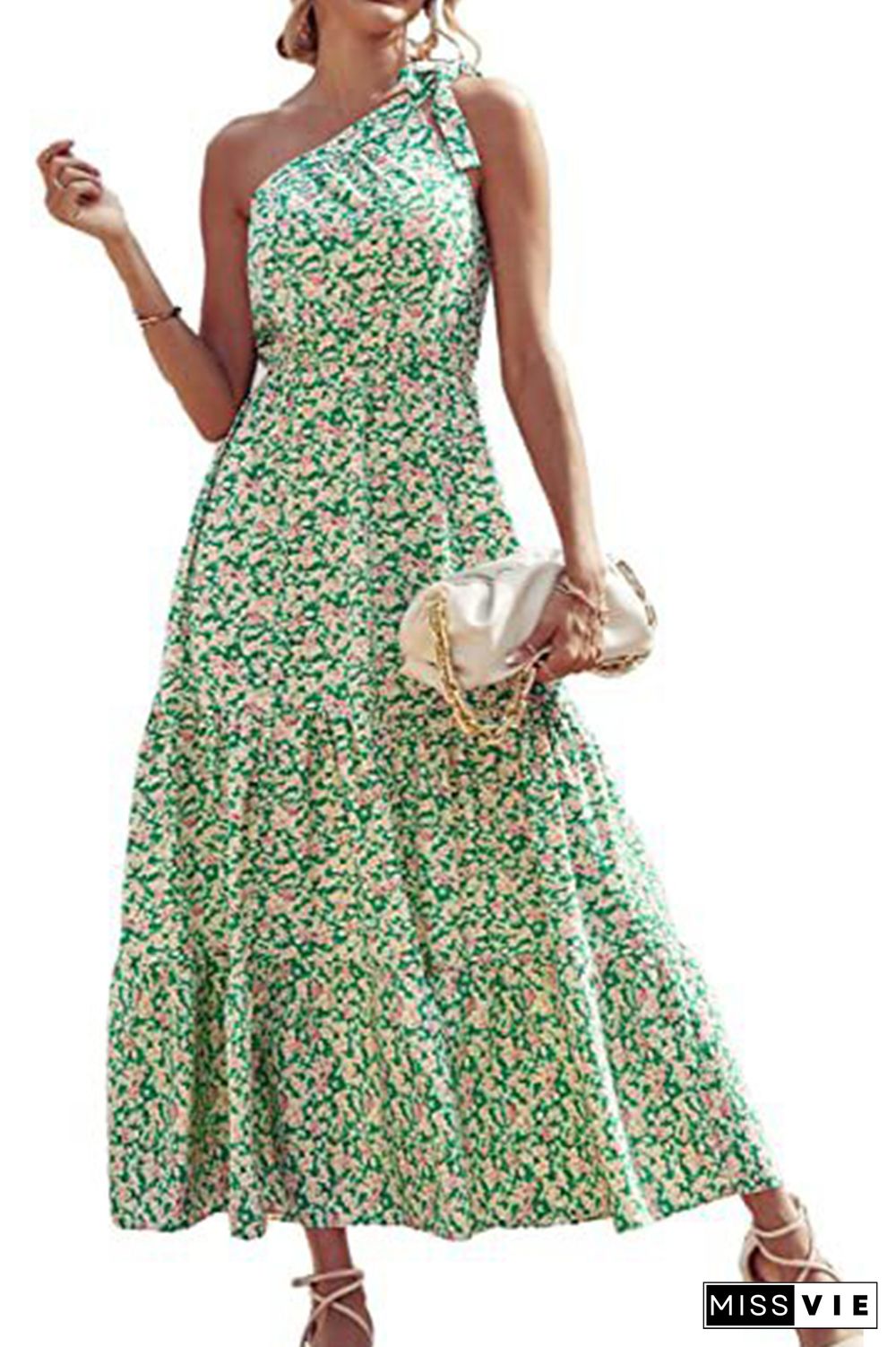 Floral Print One Shoulder High Waist Dress Wholesale