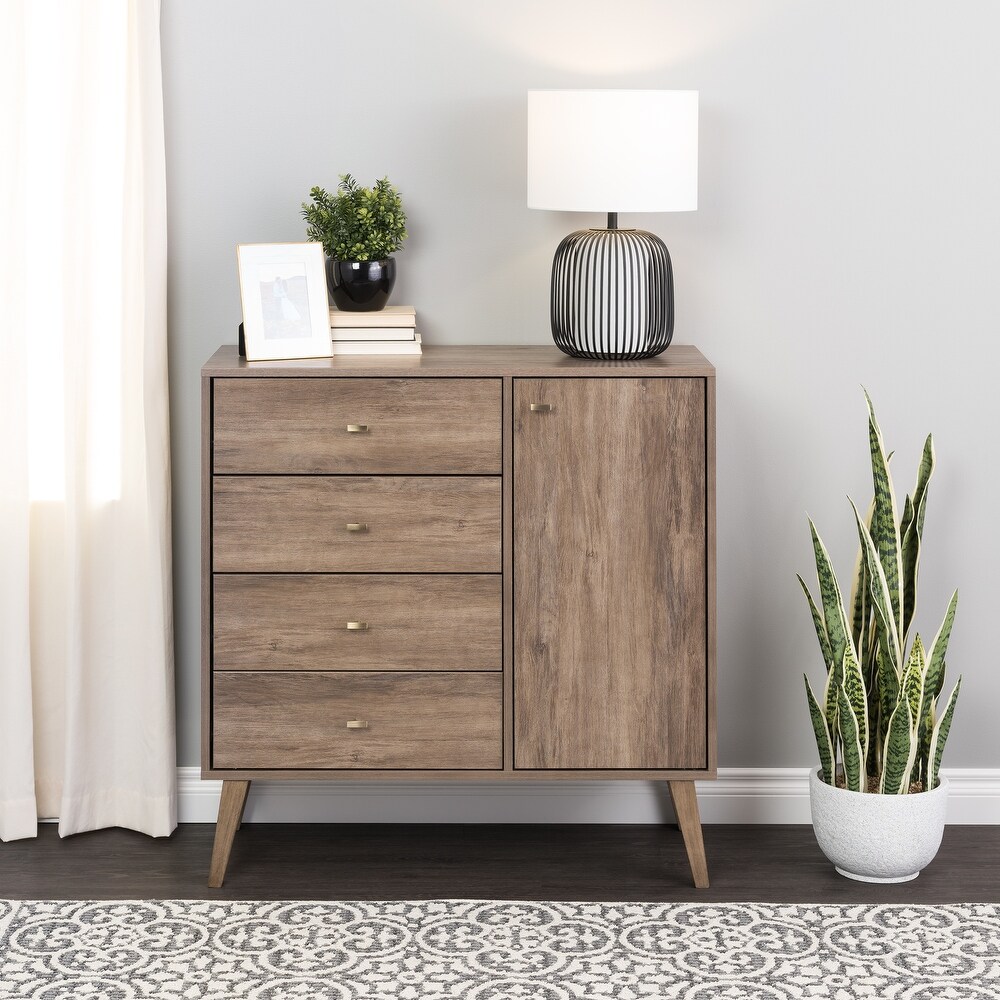 Prepac Milo Mid Century Modern 4 Drawer Combo Dresser  Chest of Drawers With Door  Contemporary Bedroom Furniture