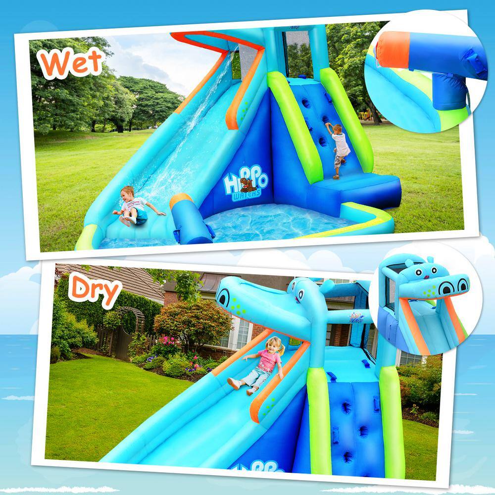 Costway Blue Inflatable Kids Hippo Bounce House Slide Climbing Wall Splash Pool with Bag OP70100