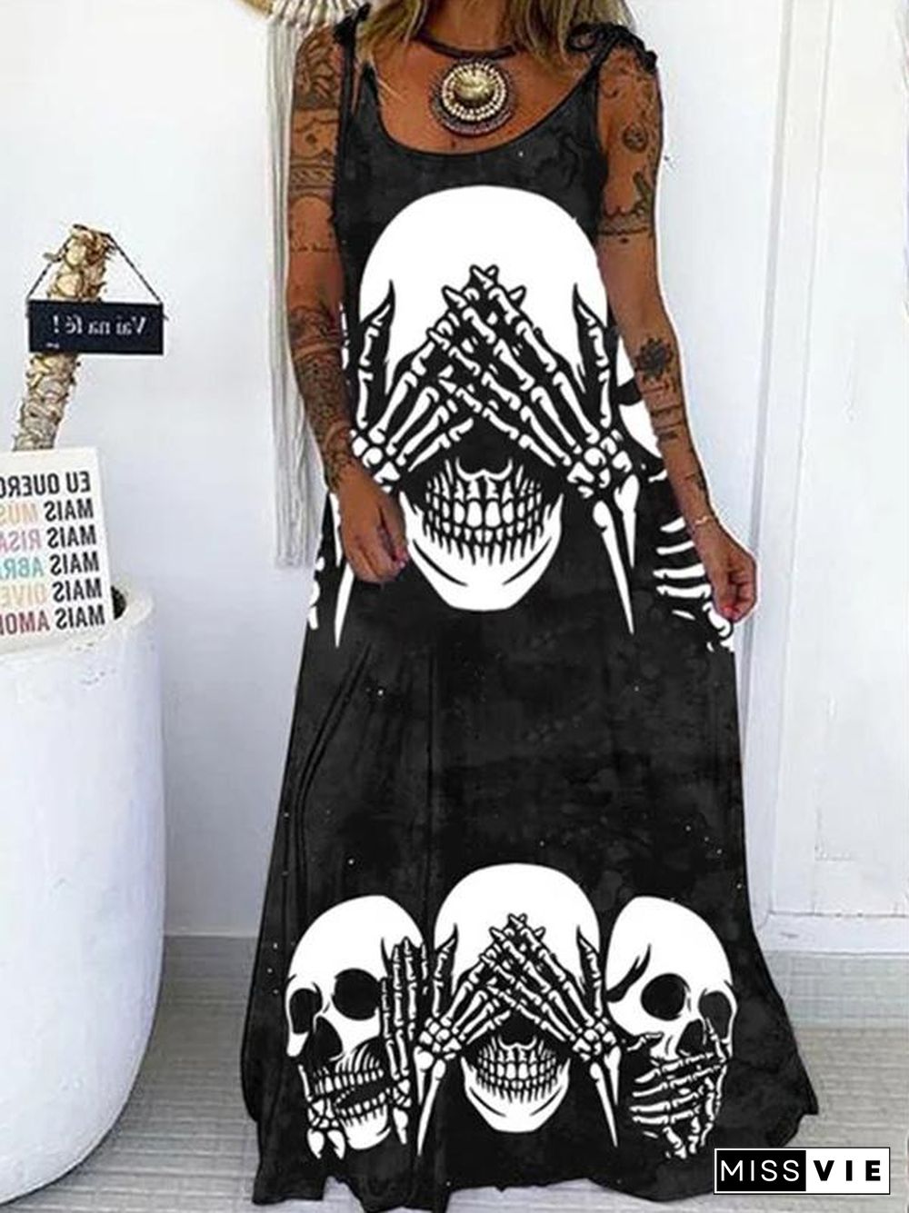 Women'S Dresses Skull Print Loose Belted Maxi Dress