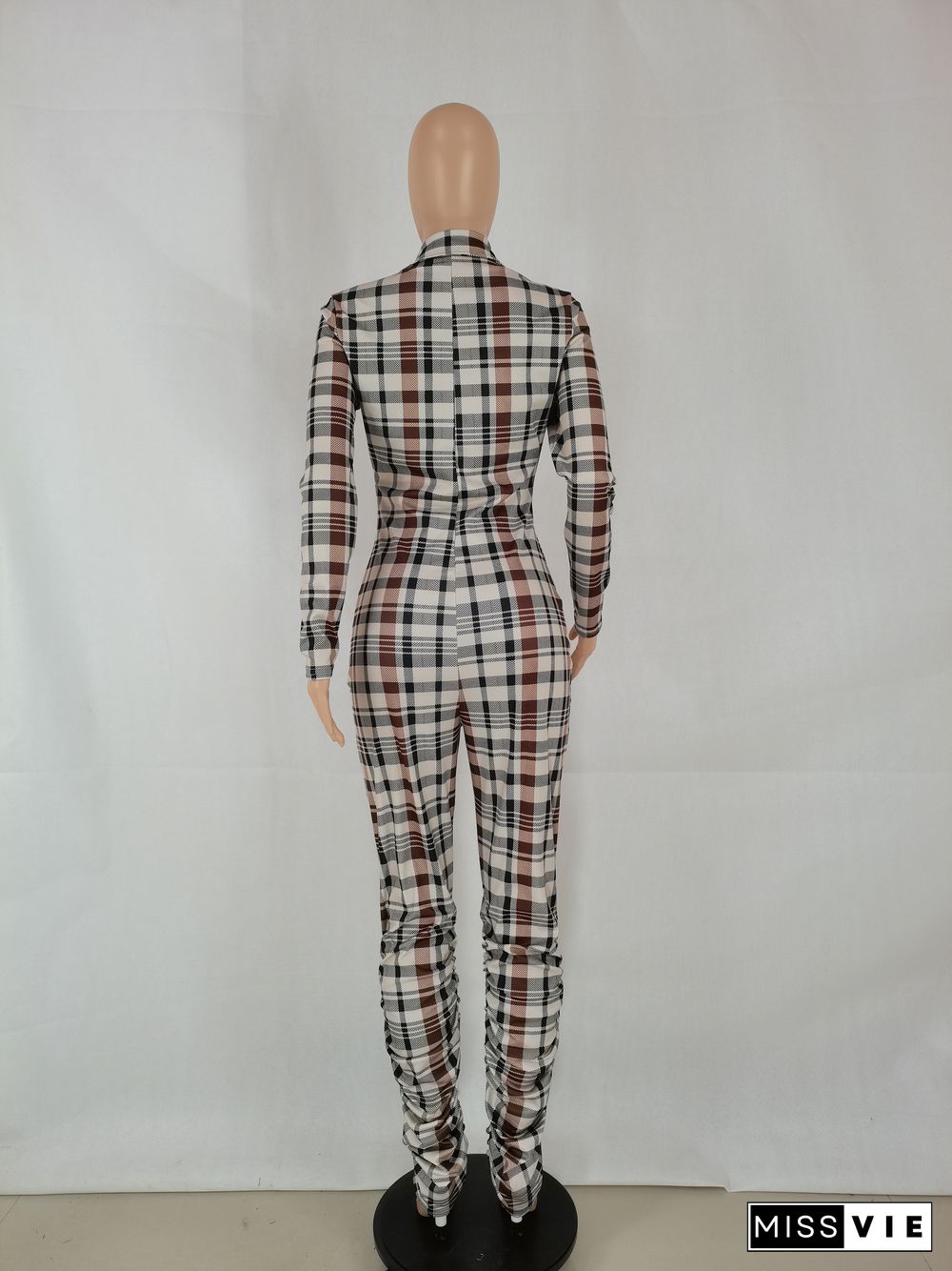 Fashion Slim-fit Pleated Print Plaid Jumpsuit