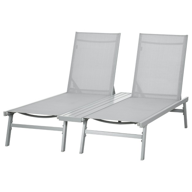 Outsunny Chaise Lounge Pool Chairs Conjoined Set Of 2 Outdoor Sun Tanning Chairs With 5 position Reclining Back Shelf amp Breathable Mesh Light Gray