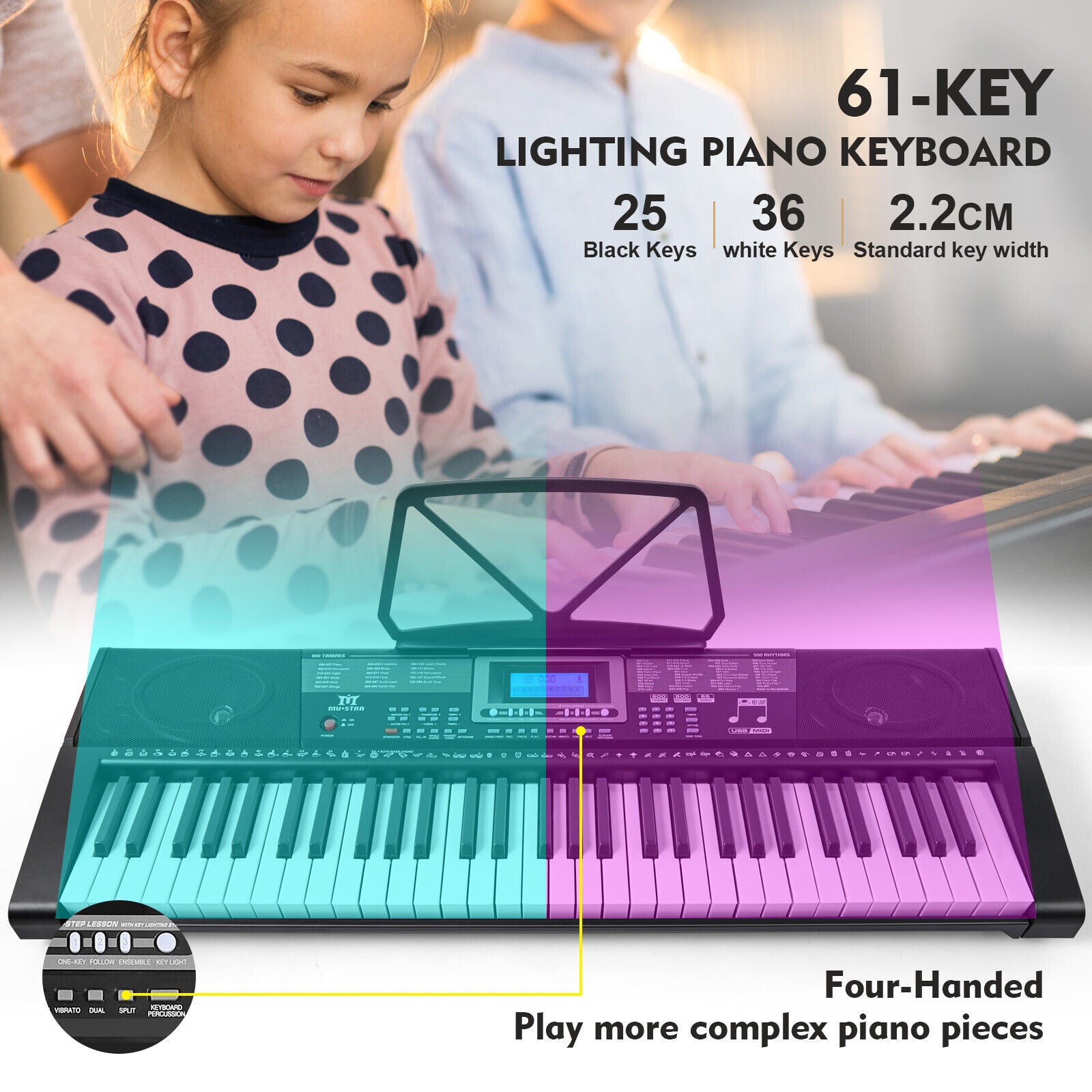 Mustar 61 Lighted Keys Electronic Keyboard Piano Set with USB MIDI， Headphones， Microphone， Sustain Pedal， Stand for Beginner
