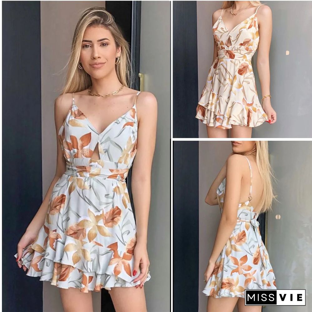 Slit Printed V Neck Sleeveless Women's Dress