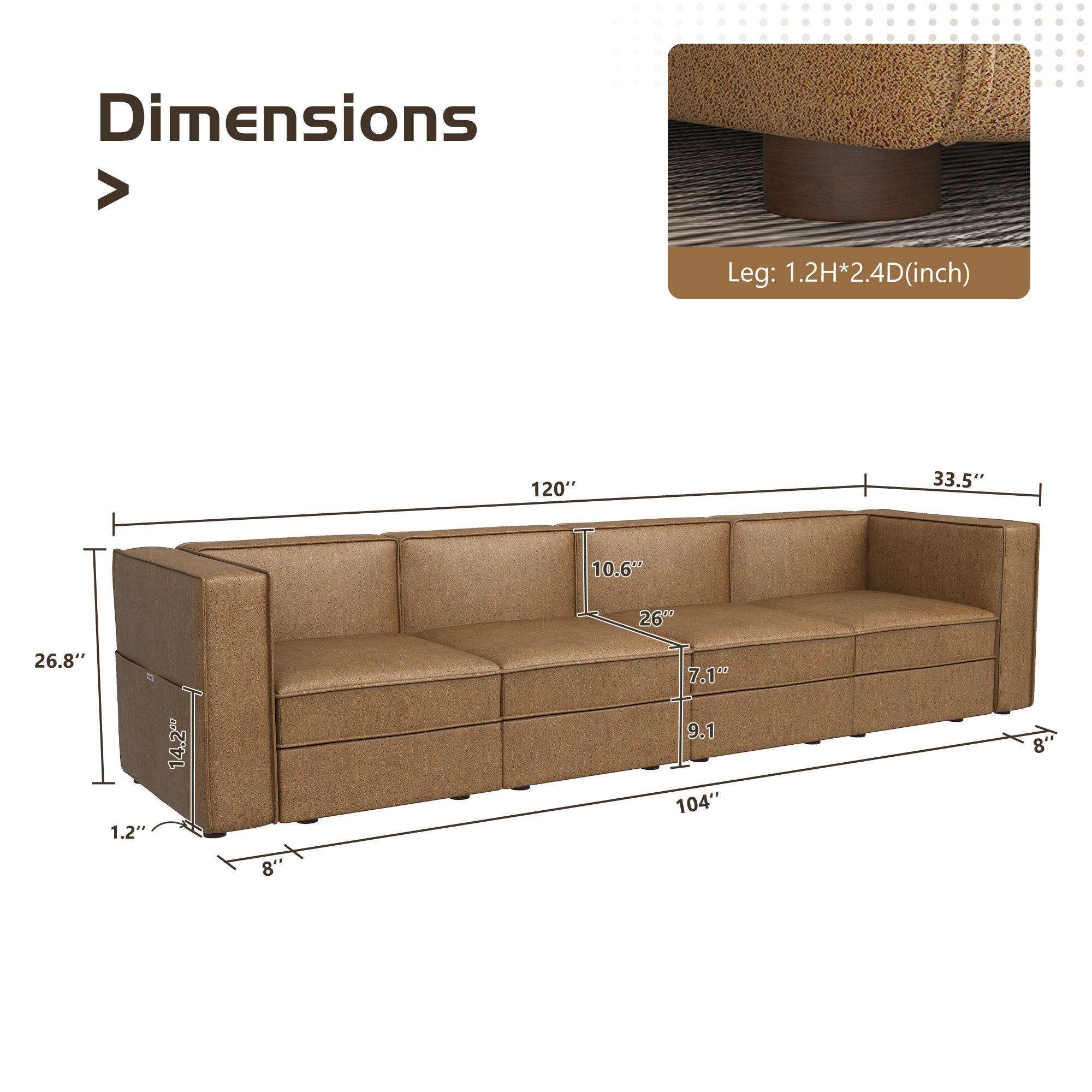 Nolany Modular Sectional Sofa Couch 4-Seat Sofa with Storage Seat, Caramel Microfiber