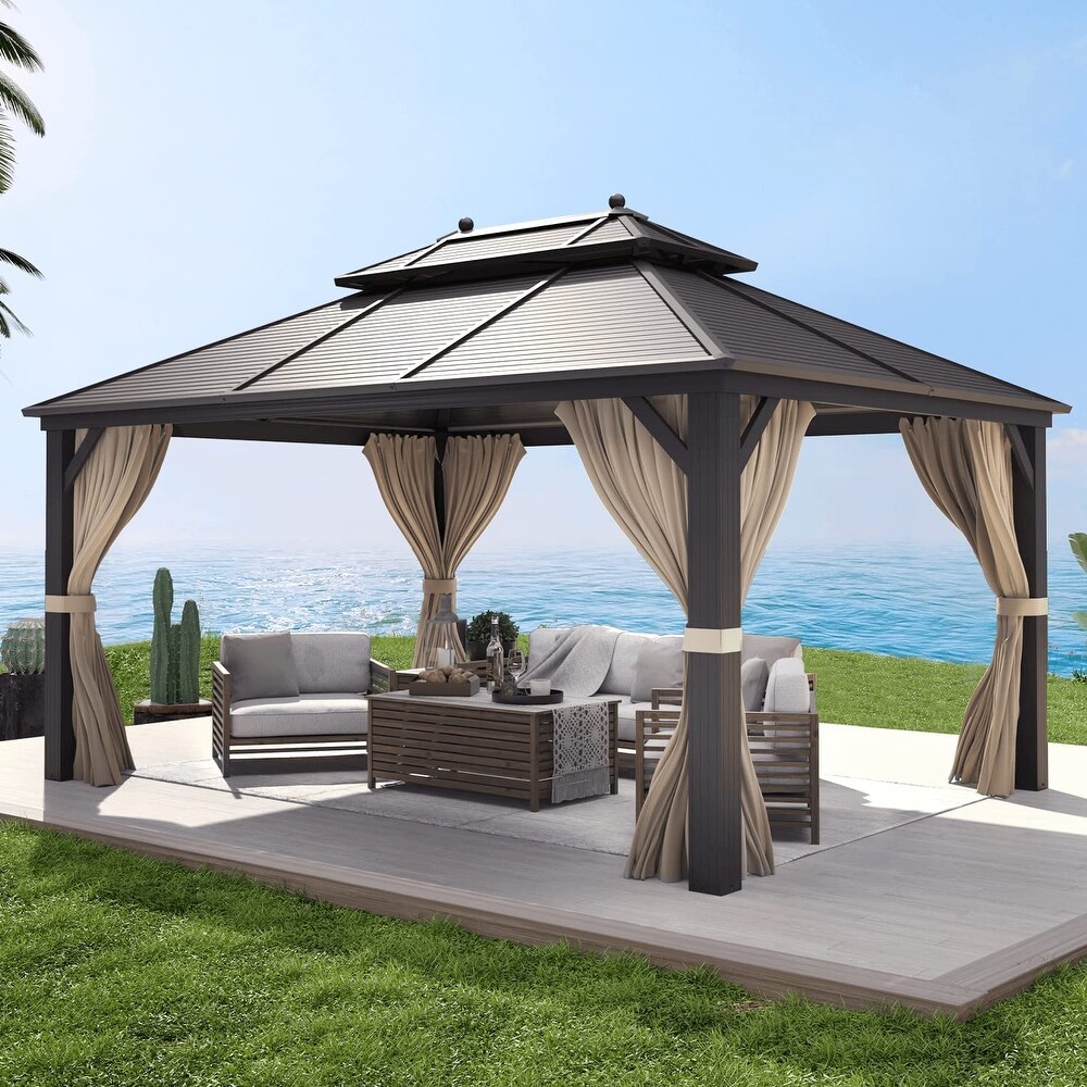 Outdoor Gazebo Pergola w Galvanized Steel Roof and Aluminum Frame  Prime Curtains   Netting Include