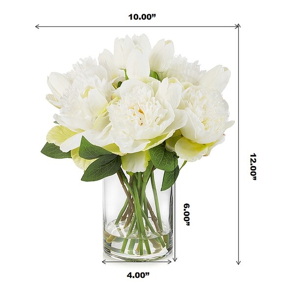 Enova Home Mixed Artificial Real Touch Tulip and Peony Fake Flowers Arrangement in Cylinder Glass Vase for Home Decór