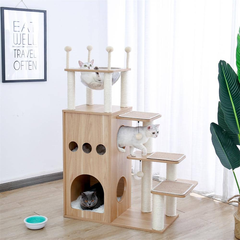 Foobrues 51.20 in. H Pet Cat Scratching Posts and Trees MDF Cat Tower with Fully Sisal Covering Scratching Posts in Beige LNN-P23168182