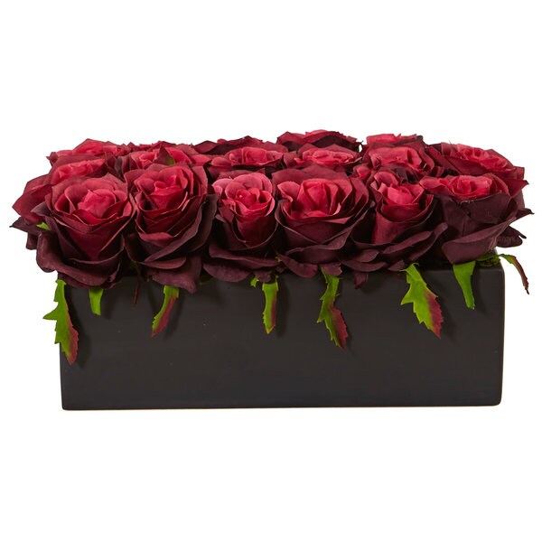 Nearly Natural Roses in Rectangular Planter