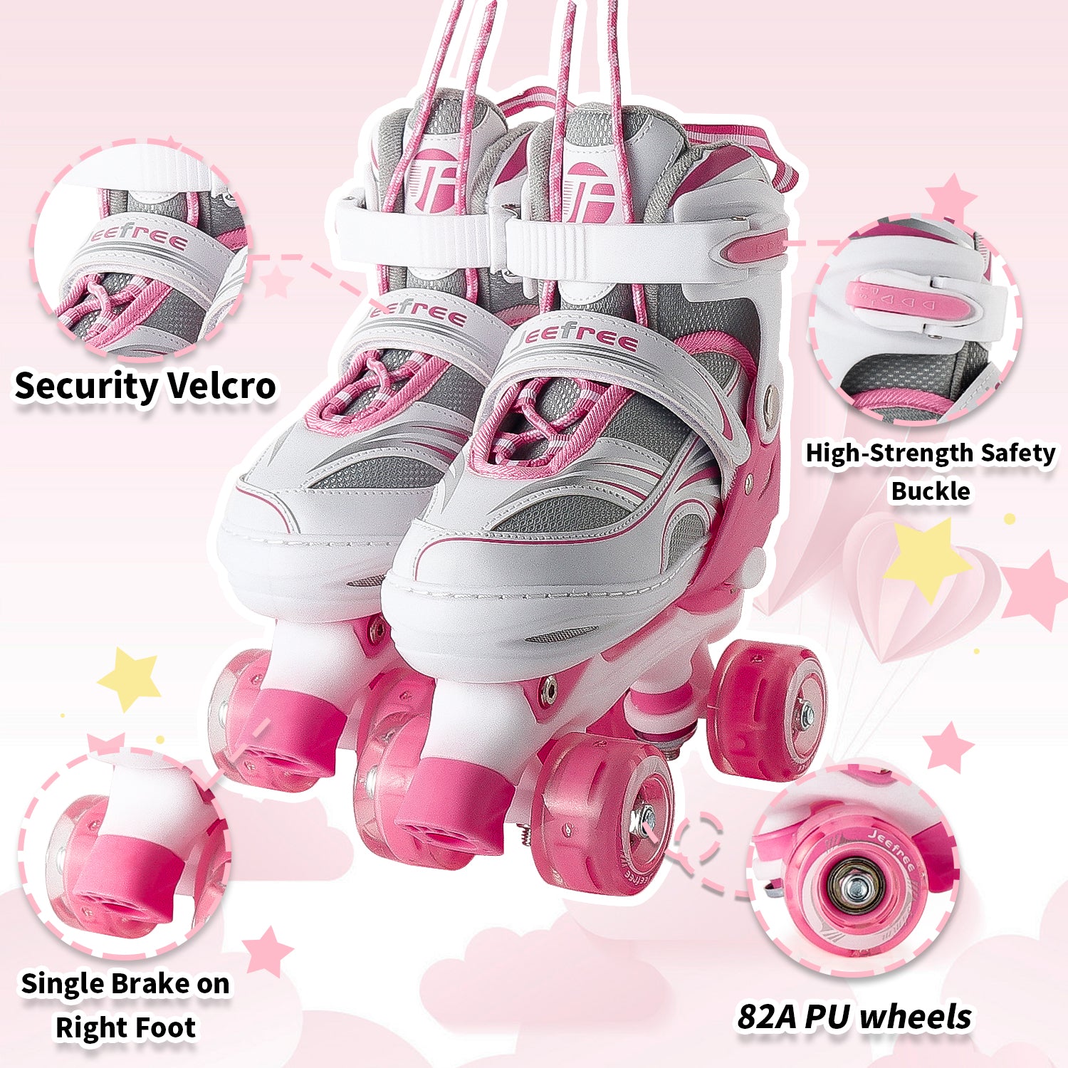 Jeefree Roller Skates for Girls，Kids Roller Skates for Ages 3-8，Size J12-2，Pink