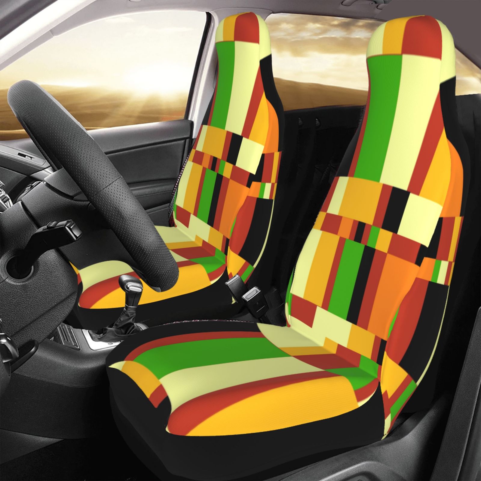 TEQUAN Front Seat Covers， Vintage Indian Style Colorful Stripes Pattern 2 Piece Car Seat Cover Fit Most Car SUV Truck Van