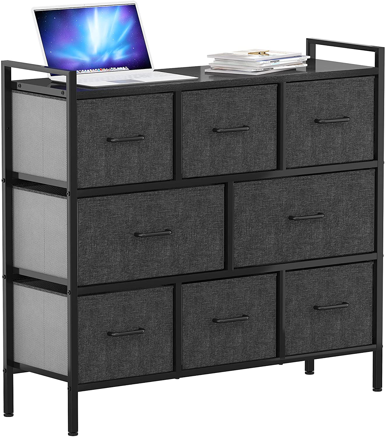 DWVO Fabric Dresser with 8 Drawers - Furniture Storage Tower Unit for Bedroom, Hallway, Closet, Office Organization, End Table Dresser - Steel Frame，Black Grey