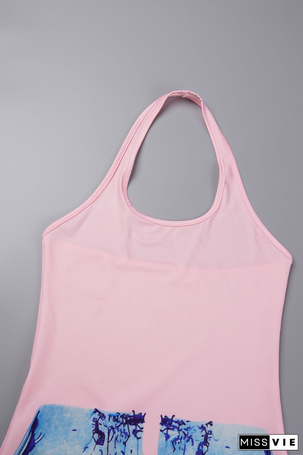 Pink Sexy Casual Print Backless Halter Sleeveless Dress Dresses