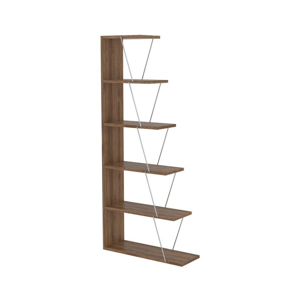 5 Tier Ladder Narrow Bookshelf Organizers for Small Spaces Office Furniture  Walnut/Yellow