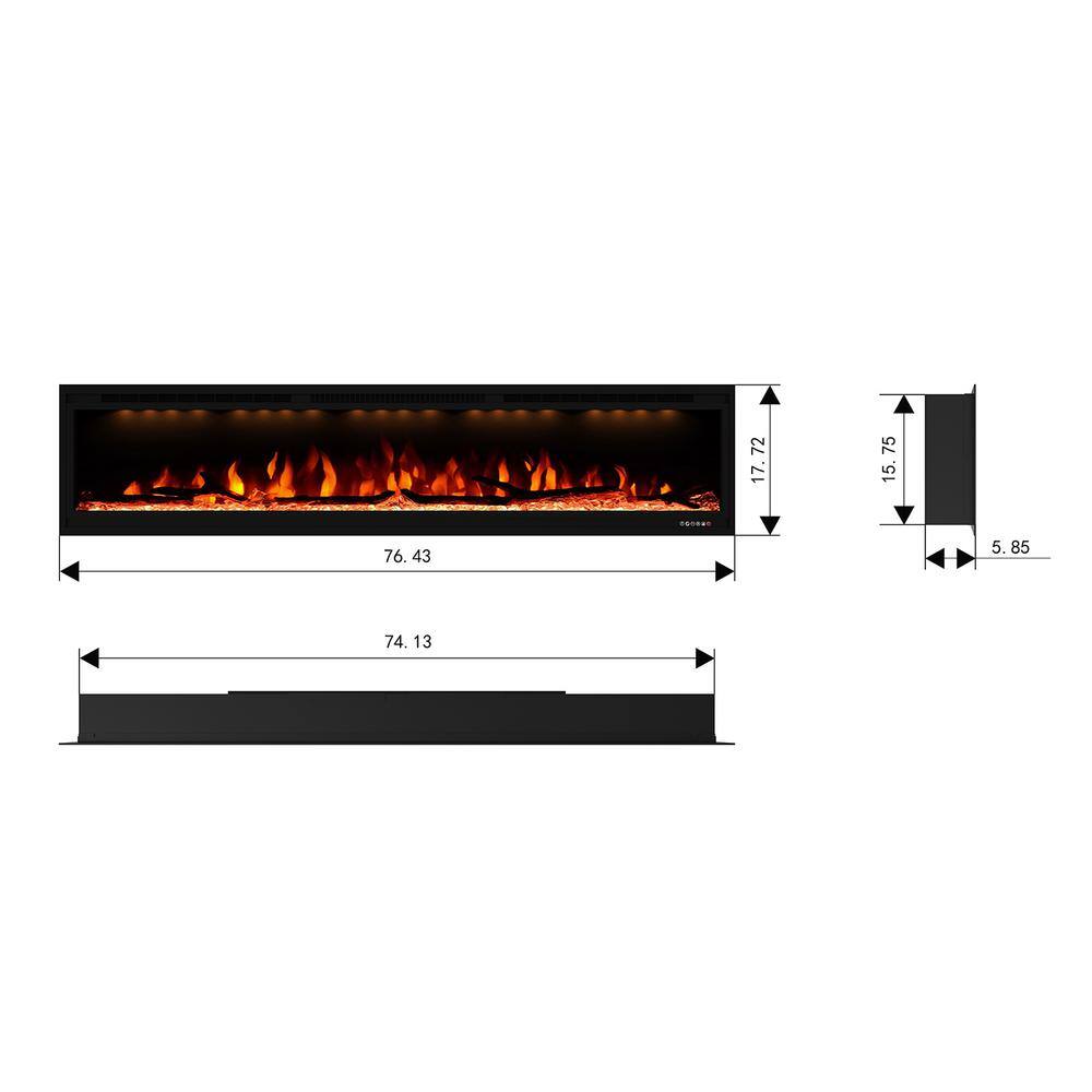 Valuxhome 74 in. 750-Watt1500-Watt Wall-Mount and Recessed Electric Fireplace with LED Light Log and Crystal in Black BI74-HD