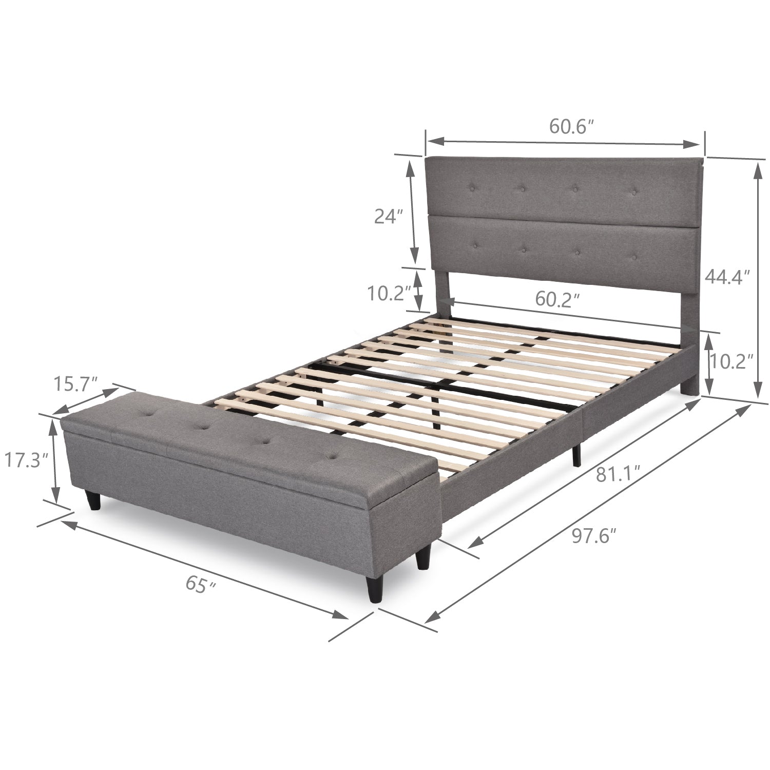 Amolife Queen Linen Platform Bed Frame with Button Tufted Headboard and Storage Ottoman Bench, Light Grey