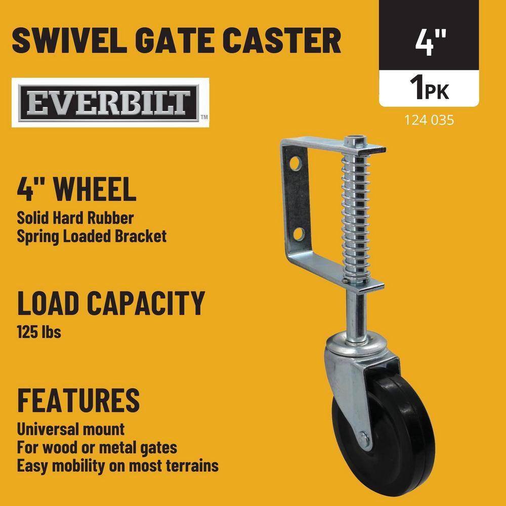 Everbilt 4 in. Black Hard Rubber and Steel Swivel Gate Caster with Adjustable Spring Bracket and 125 lb. Load Rating 49785