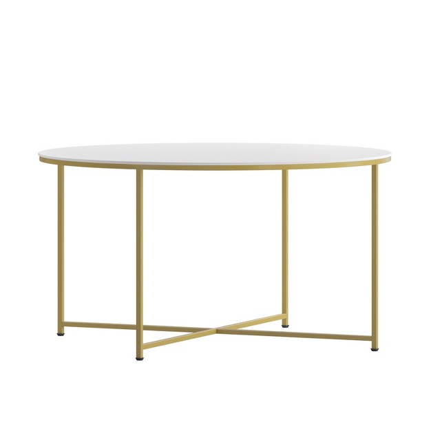 Emma And Oliver White Laminate Living Room Coffee Table With Crisscross Brushed Gold Metal Frame