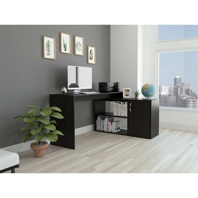 L Shaped Computer Desk with 1 Cabinet  2 Shelf  Home Office Desk Corner Desk  Study Writing Table with Storage