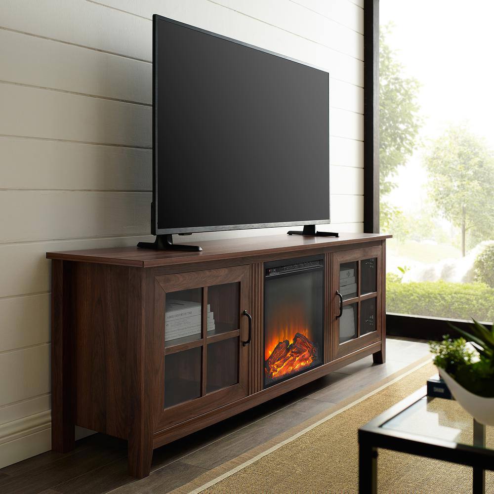 Walker Edison Furniture Company Simple 70 in. Dark Walnut 2-Door TV Stand with Electric Fireplace (Max tv size 75 in.) HD70FPSCDW