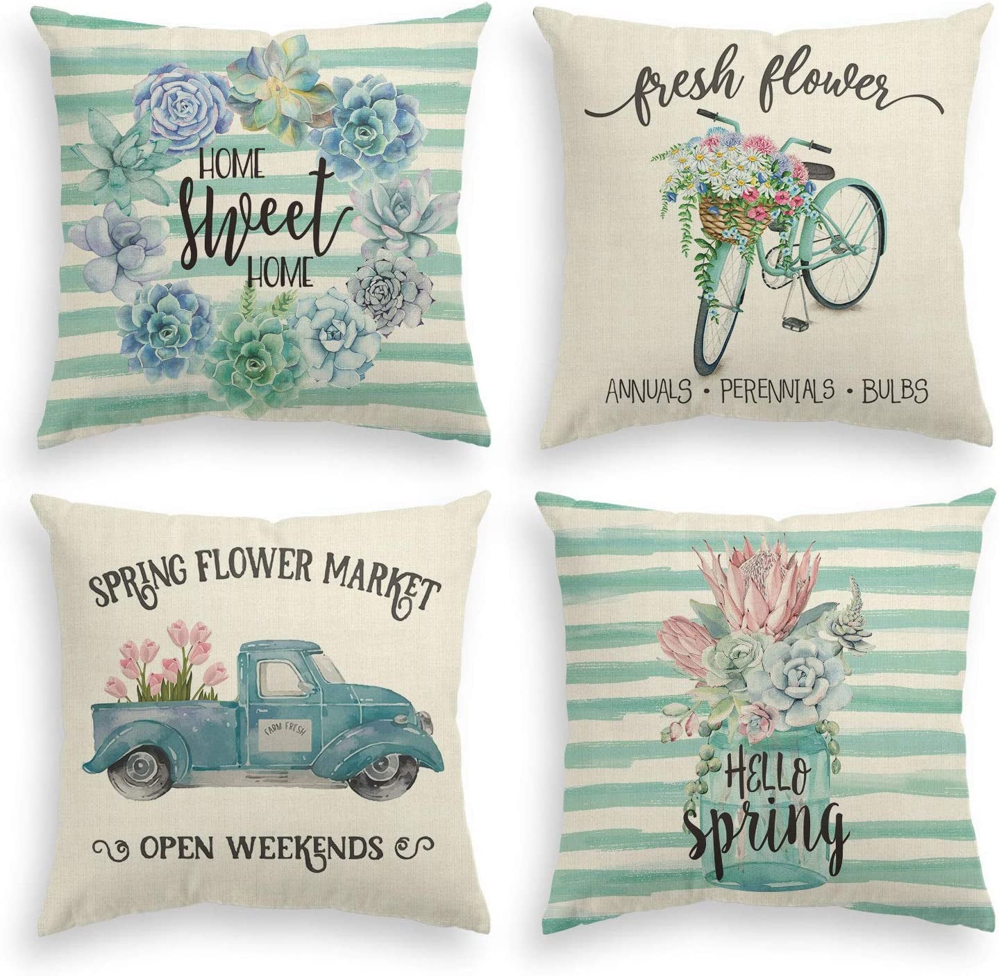 Artoid Mode Flower Wreath Truck Bicycle Spring Pillow Cover 18 x 18 Set of 4 Striped Seasonal Decorative Farmhouse Outdoor Pillow Case