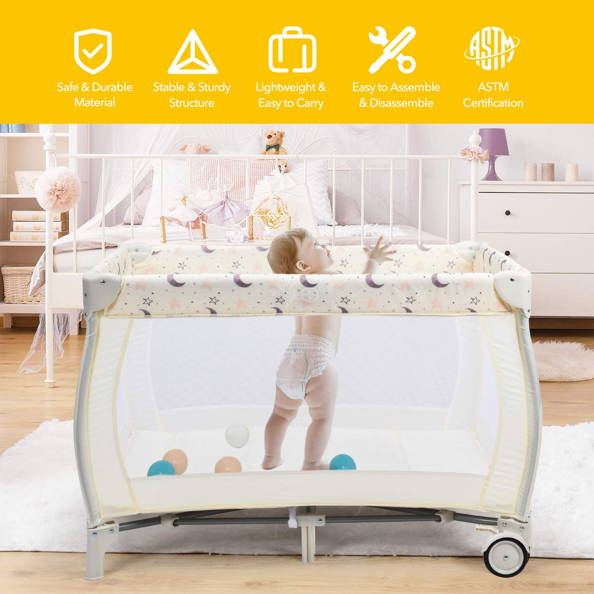 BABY JOY 3 in 1 Portable Pack and Play with Bassinet, Convertible Baby Travel Crib Playard with Changing Table