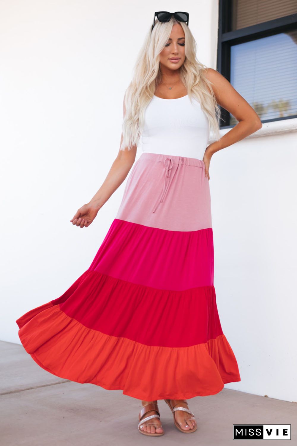 Pink Color Block Tiered Drawstring High Waist Maxi Skirt