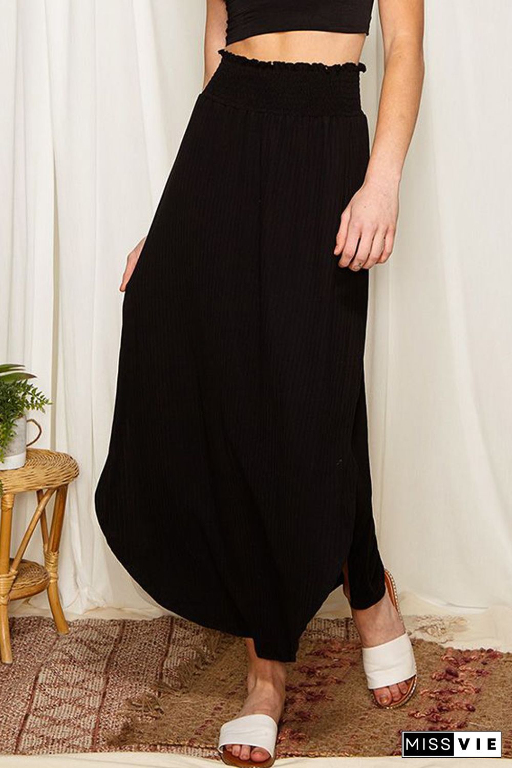 Black Smocked High Waist Maxi Skirt with Slit