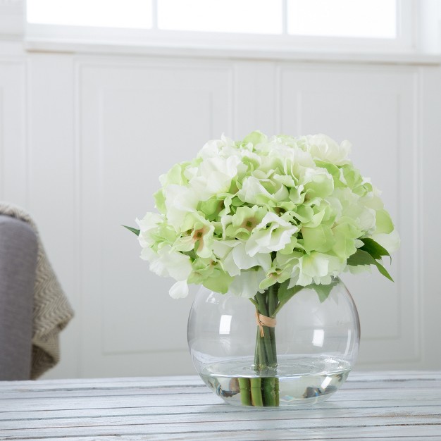 Hydrangea Floral Arrangement In Vase 5 count Artificial Flowers With Leaves In Faux Water filled Decorative Clear Glass Bowl By Pure Garden green