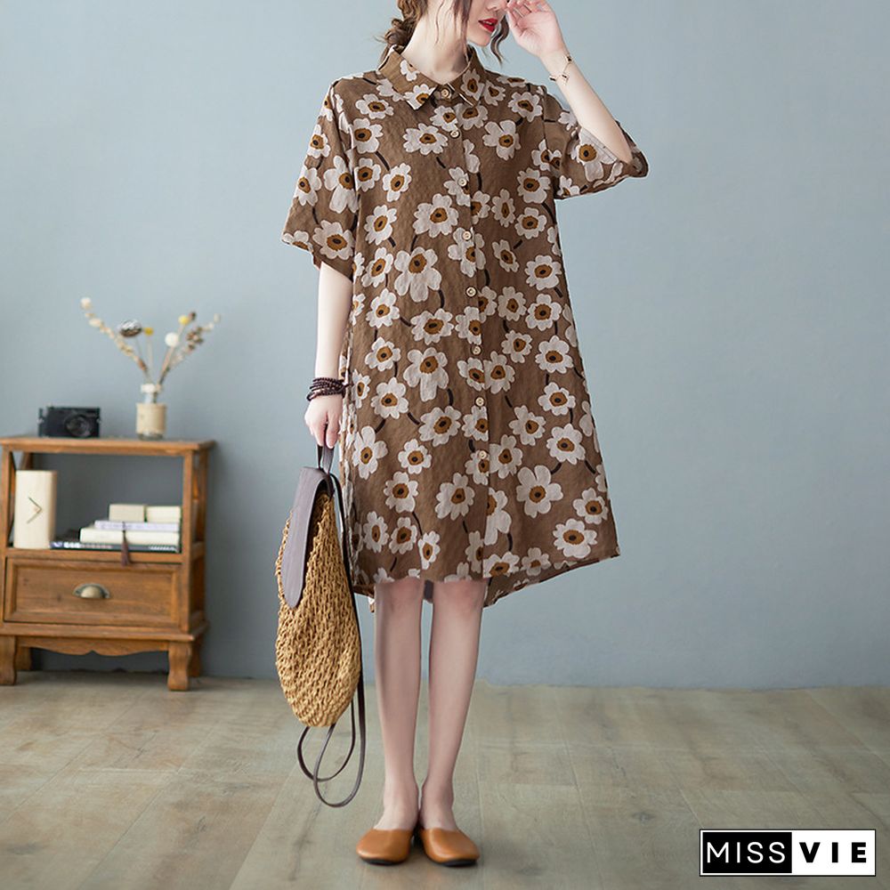 Floral Print Cotton Shirt Midi Dress