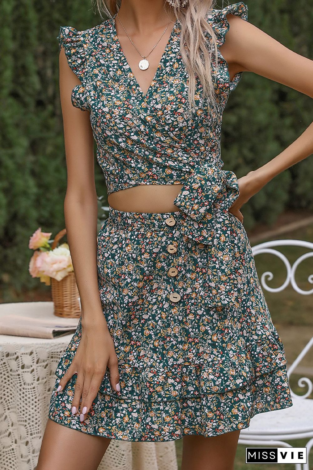 Sleeveless Ruffle Floral Crop Top and Skirt 2PCS Set