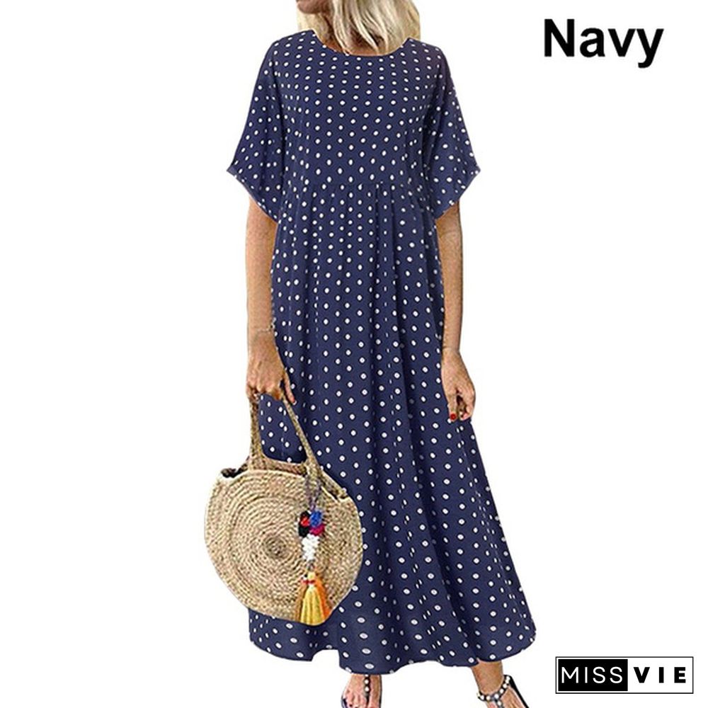 Women Summer Retro Polka Dot Printed Long Dress Casual Loose O-neck Short Sleeve Tunic Dress Maxi Dress Vestidos S-5XL