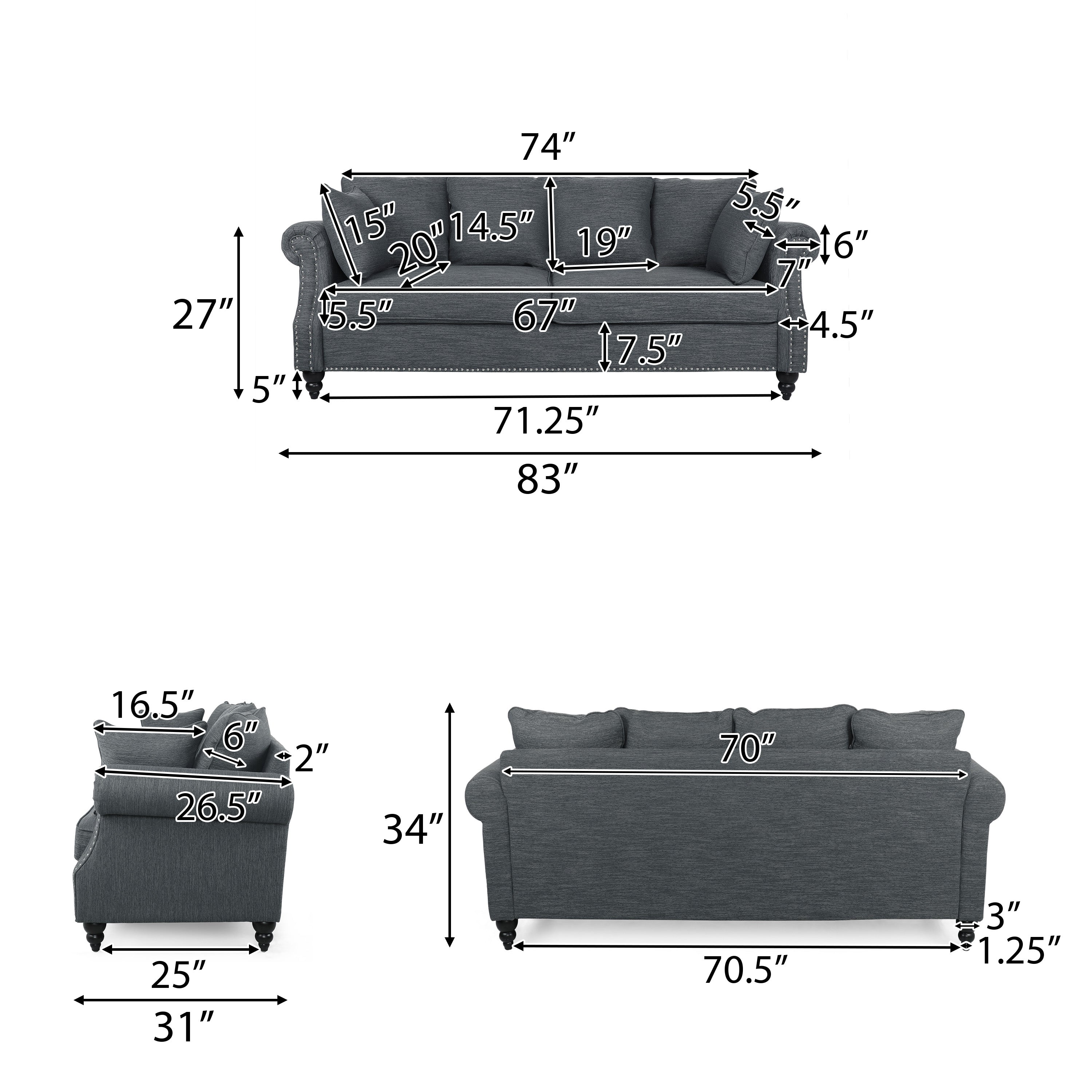 Bonny Contemporary Fabric Pillowback 3 Seater Sofa with Nailhead Trim