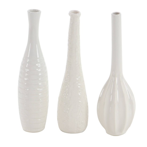 Set Of 3 Ceramic Slim Bottleneck Vases With Textured Patterns White Cosmoliving By Cosmopolitan