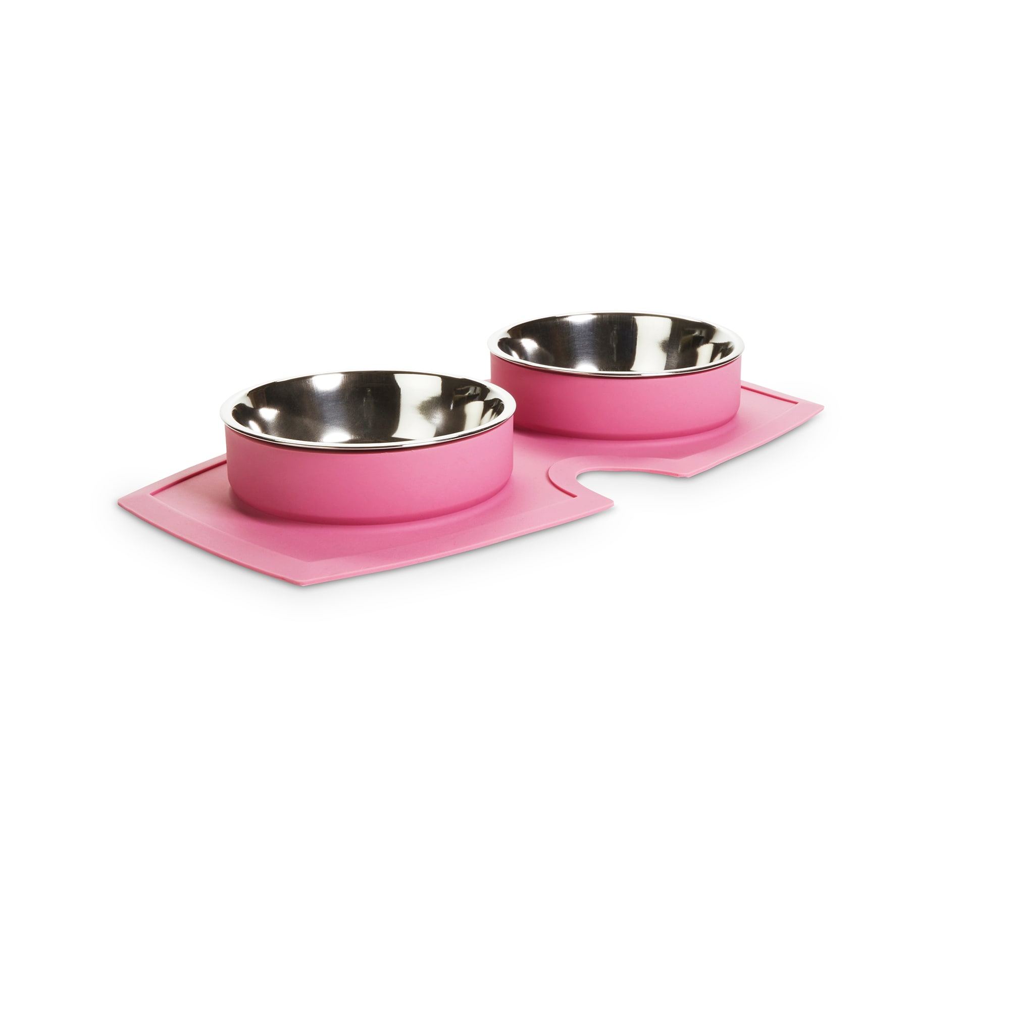 EveryYay Better Together Pink Silicone Double Diner with Stainless-Steel Bowls for Dogs， 2 Cups