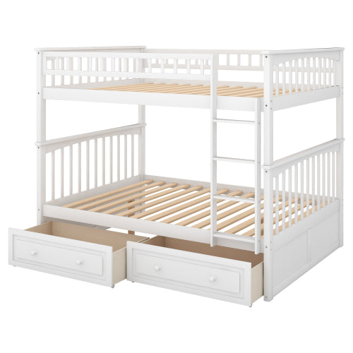 Full Over Full Solid Wood Full Size Bunk Bed with Two Storage Drawers, Convertible Bunk Bed Can be Converted Into Two Full Size Daybeds,White