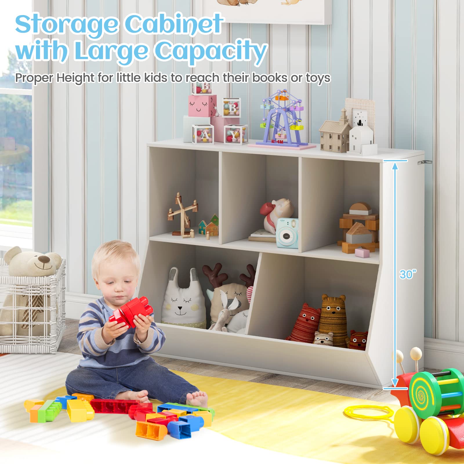 Costzon Toy Organizers and Storage with Bookshelf, Wooden 5 Cubby Children's Book Shelf Toy Storage Cabinet