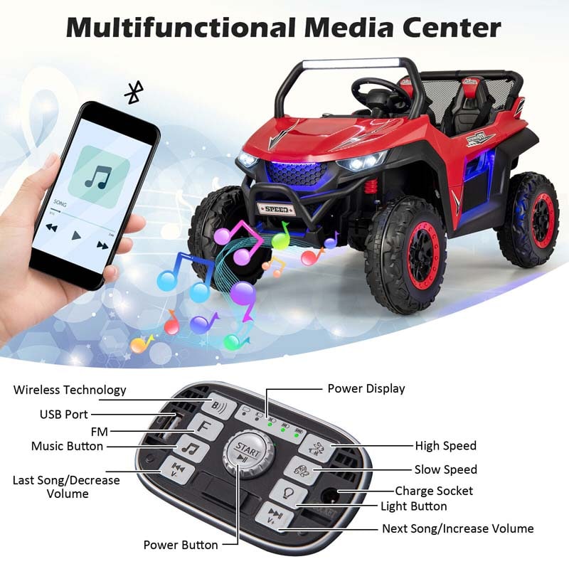 12V 2-Seater Kids Ride On UTV Car, Battery Powered RC Electric Vehicle with Lights & Music